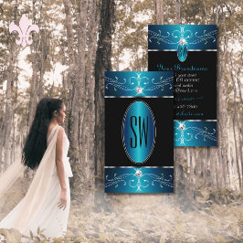 Cartão De Visita Monograma do Ornamentado Azul-Teal Negro de luxo