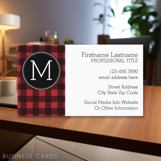 Cartão De Visita Monograma do Padrão Rustic Red & Black Buffalo Xad (Personalized Printed Business Cards)