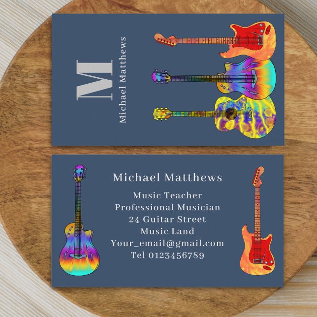 Cartão De Visita Monograma do Professor de Música de Violão Persona (Modern guitar music teacher professional musician blue Business card Colorful guitar art)