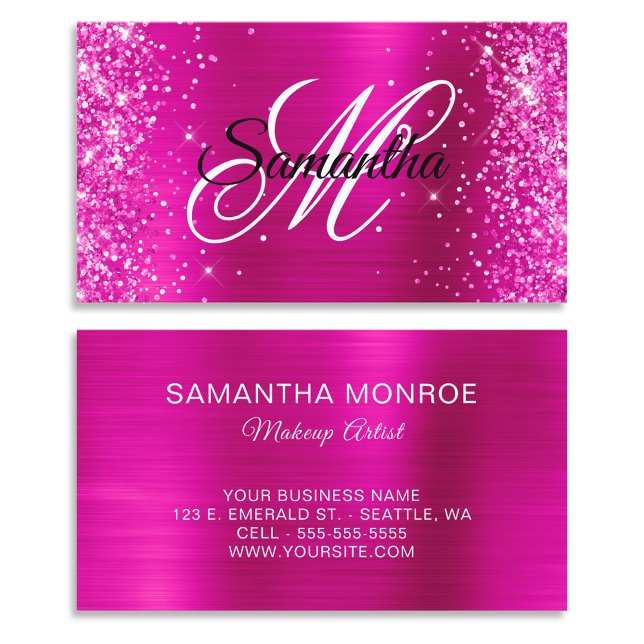 Cartão De Visita Monograma do Rico de folha rosa quente com brilho (Glittery Hot Pink Foil Fancy Monogram Business Cards)