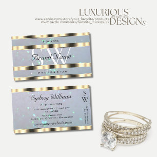 Cartão De Visita Monograma Dourado brilhante de pérolas azuis claro