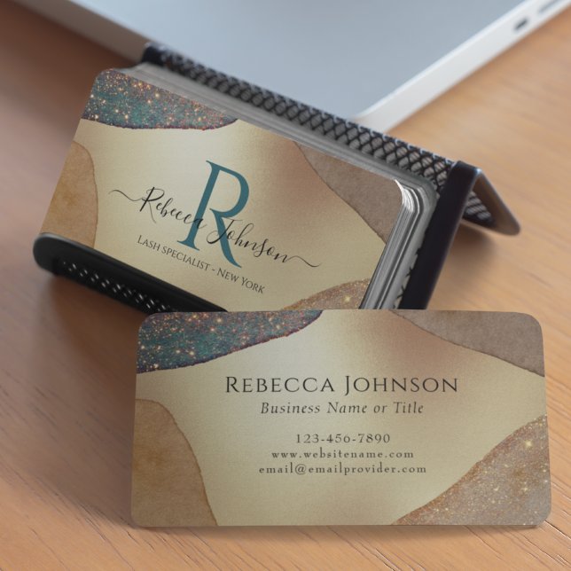 Cartão De Visita Monograma Dourado com brilho (Gold business card with blue monogram. )