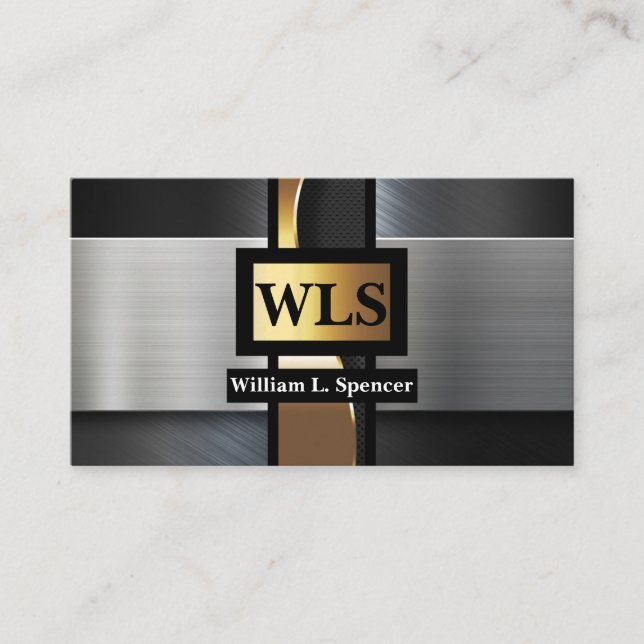 Cartão De Visita Monograma Dourado de Cinza metálica falsa (Frente)