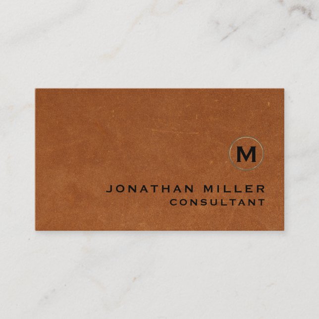 Cartão De Visita Monograma Dourado de couro castanho de luxo (Frente)