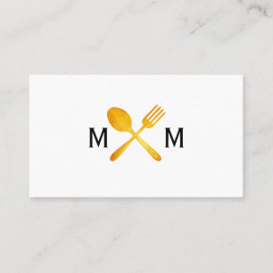 Cartão De Visita Monograma Dourado de Utensílios Comidas de Luxo