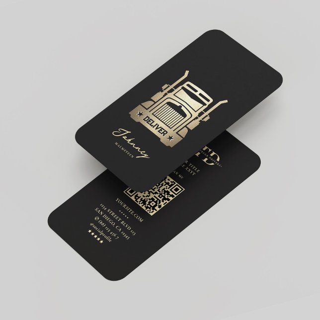 Cartão De Visita Monograma Dourado do motorista de caminhão moderno (Elegant Modern Truck Driver Black Gold Monogram Business Card
)