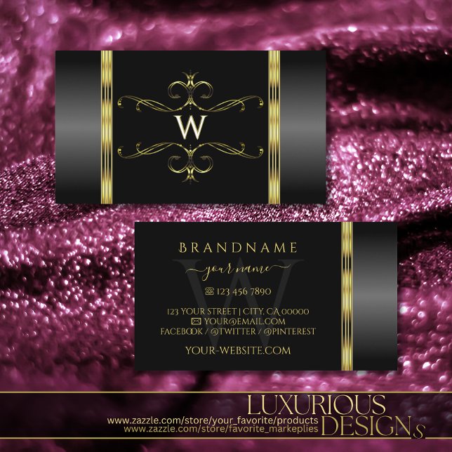 Cartão De Visita Monograma Dourado e preto de luxo (Criador carregado)