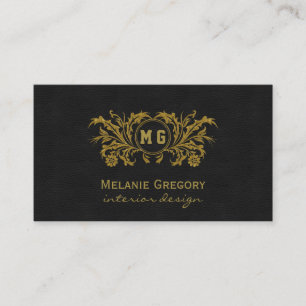 Cartão De Visita Monograma Dourado Floral Preto Elegante
