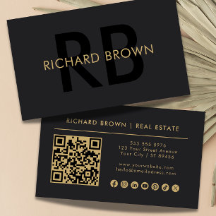 Cartão De Visita Monograma Dourado Mínimo de Chic Black QR