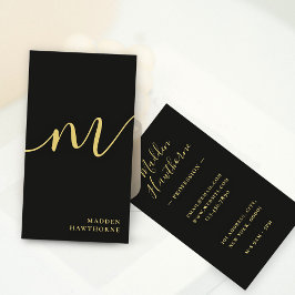 Cartão De Visita Monograma Dourado Preto de Script Moderno Profissi