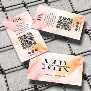 Cartão De Visita Monograma e Código QR com Toques de Aquarela Rosa