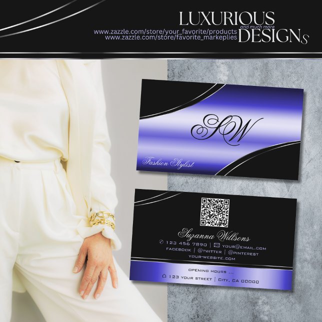 Cartão De Visita Monograma e Código QR das Linhas Curvas Azul-Negro (Criador carregado)