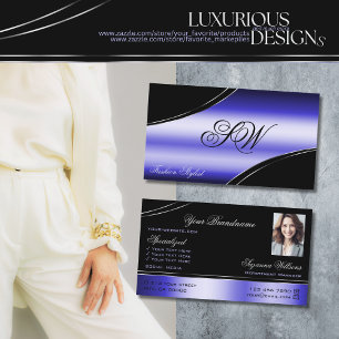 Cartão De Visita Monograma e Foto de Linhas Curvas de Azul Preto In