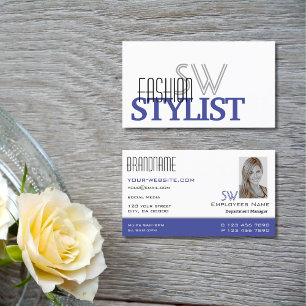 Cartão De Visita Monograma e Foto Simples Preto Azul-Branco Chic