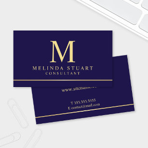 Cartão De Visita Monograma Elegante Azul e Dourado Marinho
