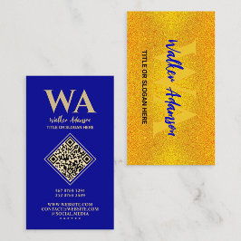 Cartão De Visita Monograma Elegante | Azul Moderno e Dourado Falso