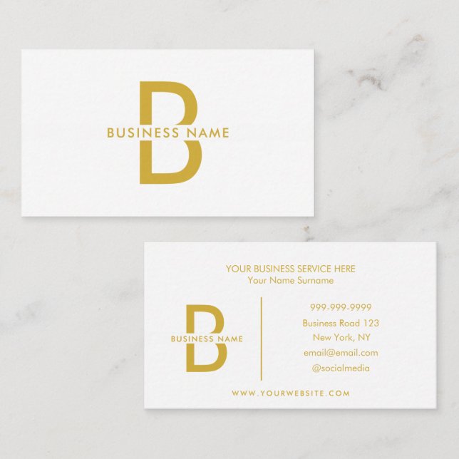 Cartão De Visita Monograma Elegante Branco e Dourado Profissional M (Frente/Verso)