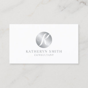 Cartão De Visita Monograma Elegante Branco e Prateado