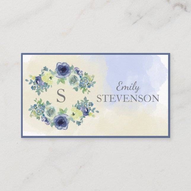 Cartão De Visita Monograma Elegante de Aquarela Floral (Frente)