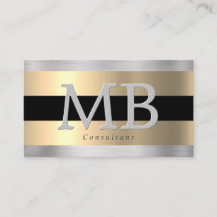 Cartão De Visita Monograma Elegante DIY, Aço Escovado Preto Dourado