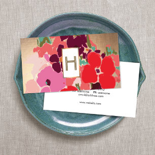 Cartão De Visita Monograma Elegante, Floral Colorida, Dourado