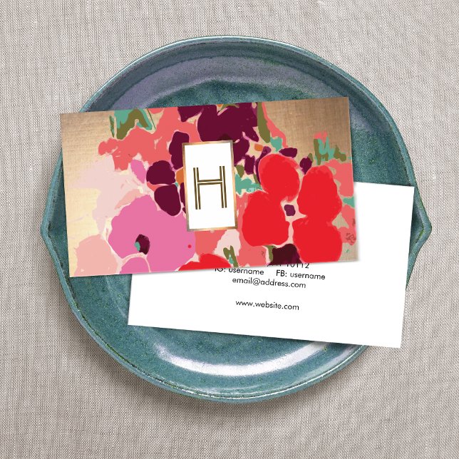 Cartão De Visita Monograma Elegante, Floral Colorida, Dourado (Criador carregado)