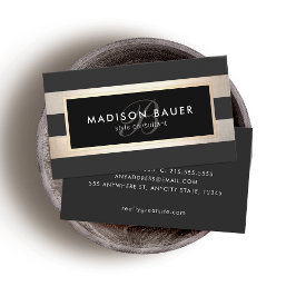 Cartão De Visita Monograma Elegante Folha de Ouro Preta e FAUX