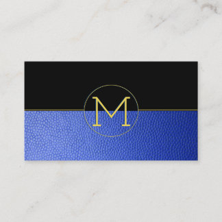 Cartão De Visita Monograma Elegante Limpo Folha Azul Couro e Preto