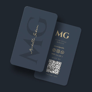 Cartão De Visita Monograma elegante minimalista azul escuro QR
