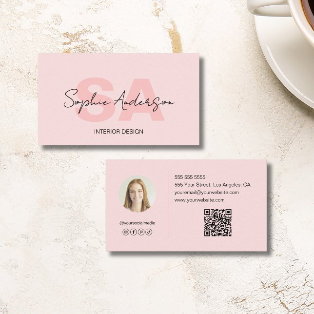 Cartão De Visita Monograma Elegante moderno cor-de-rosa (Modern Elegant Monogram Blush Pink Business Card)