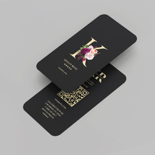 Cartão De Visita Monograma Elegante Moderno K Preto Floral Dourado