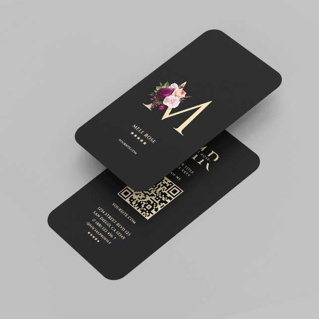 Cartão De Visita Monograma Elegante moderno M Preto Floral Dourado (Modern Elegant Monogram M Floral Black Gold Business Card
)