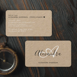 Cartão De Visita Monograma Elegante Preto Branco Nome Kraft Script