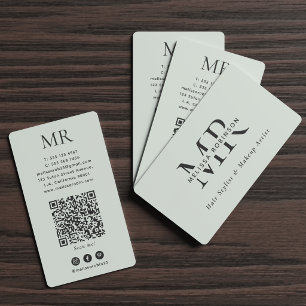 Cartão De Visita Monograma Elegante Verde Pálido Mídia Social & Cód