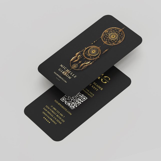 Cartão De Visita Monograma espiritual do Leitor Moderno Tarot Doura (Modern Tarot Dream Catcher Monogram Black Gold Business Card
)