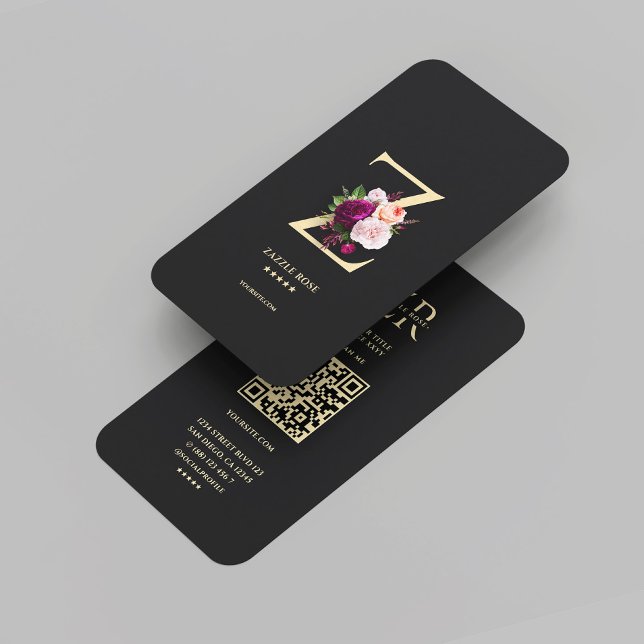 Cartão De Visita Monograma estético moderno Z Preto floral Dourado (Modern Elegant Monogram Z Floral Black Gold Business Card
)