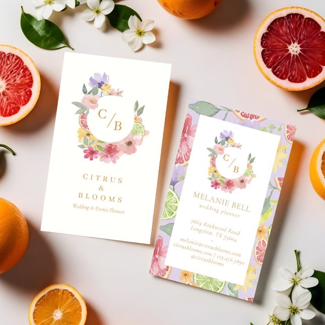 Cartão De Visita Monograma Floral de Fruta de Citros (Citrus Fruit Orchard Watercolor Floral Monogram Business Card (Front & Back))
