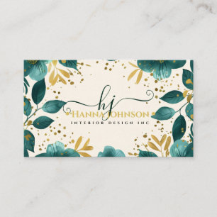 Cartão De Visita Monograma Floral Dourado Verde Monograma inicial