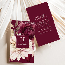 Cartão De Visita Monograma Floral em Aquarela Marfim Borgonha Elega