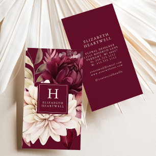 Cartão De Visita Monograma Floral em Aquarela Marfim Borgonha Elega