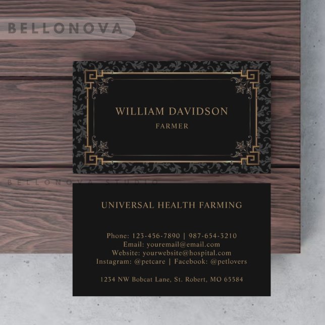 Cartão De Visita Monograma Floral Preto E Dourado (Custom Black And Gold Brown Floral Monogram Business Card)