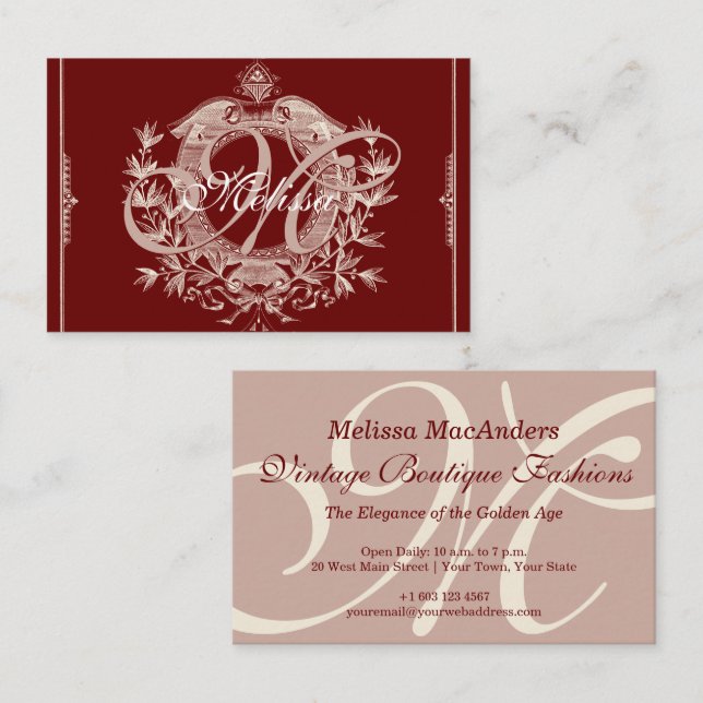 Cartão De Visita Monograma francês rico Burgundy Vintage Boutique (Frente/Verso)