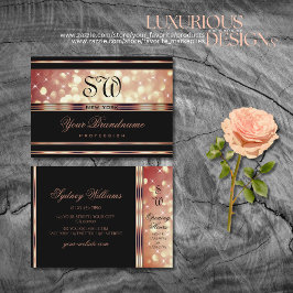 Cartão De Visita Monograma Glamouroso Preto com Brilho em Dourado R