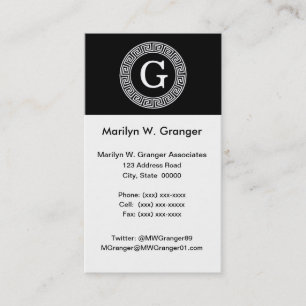 Cartão De Visita Monograma Inicial do Quadro-Chave Grego Branco Pre