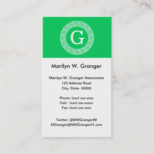 Cartão De Visita Monograma inicial do Quadro chave grego Emerald Wh (Frente)