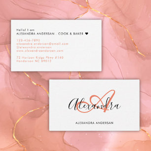 Cartão De Visita Monograma Inicial em Script Rosa Coral Nome