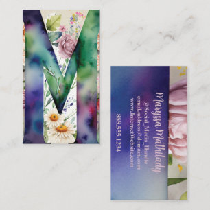 Cartão De Visita Monograma - Letra M Simples Chic Floral Watercolor