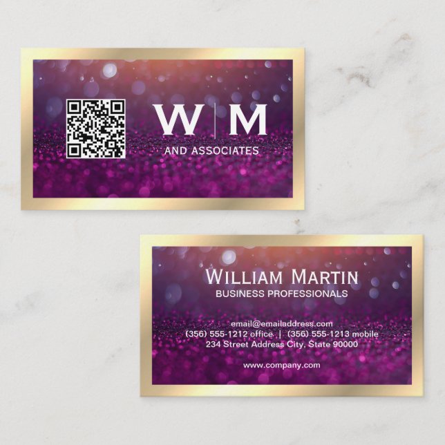 Cartão De Visita Monograma | Magenta Bokeh | CÓDIGO QR (Frente/Verso)