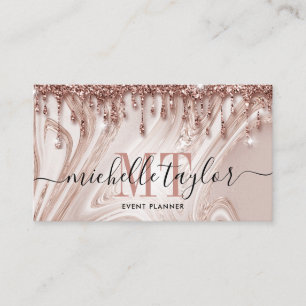 Cartão De Visita Monograma minimalista de mármore rosa dourado gote