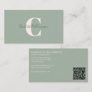 Cartão De Visita Monograma Minimalista Verde Sage Escrito Elegante